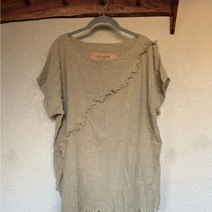 Frayed Edge Linen Top - Khaki